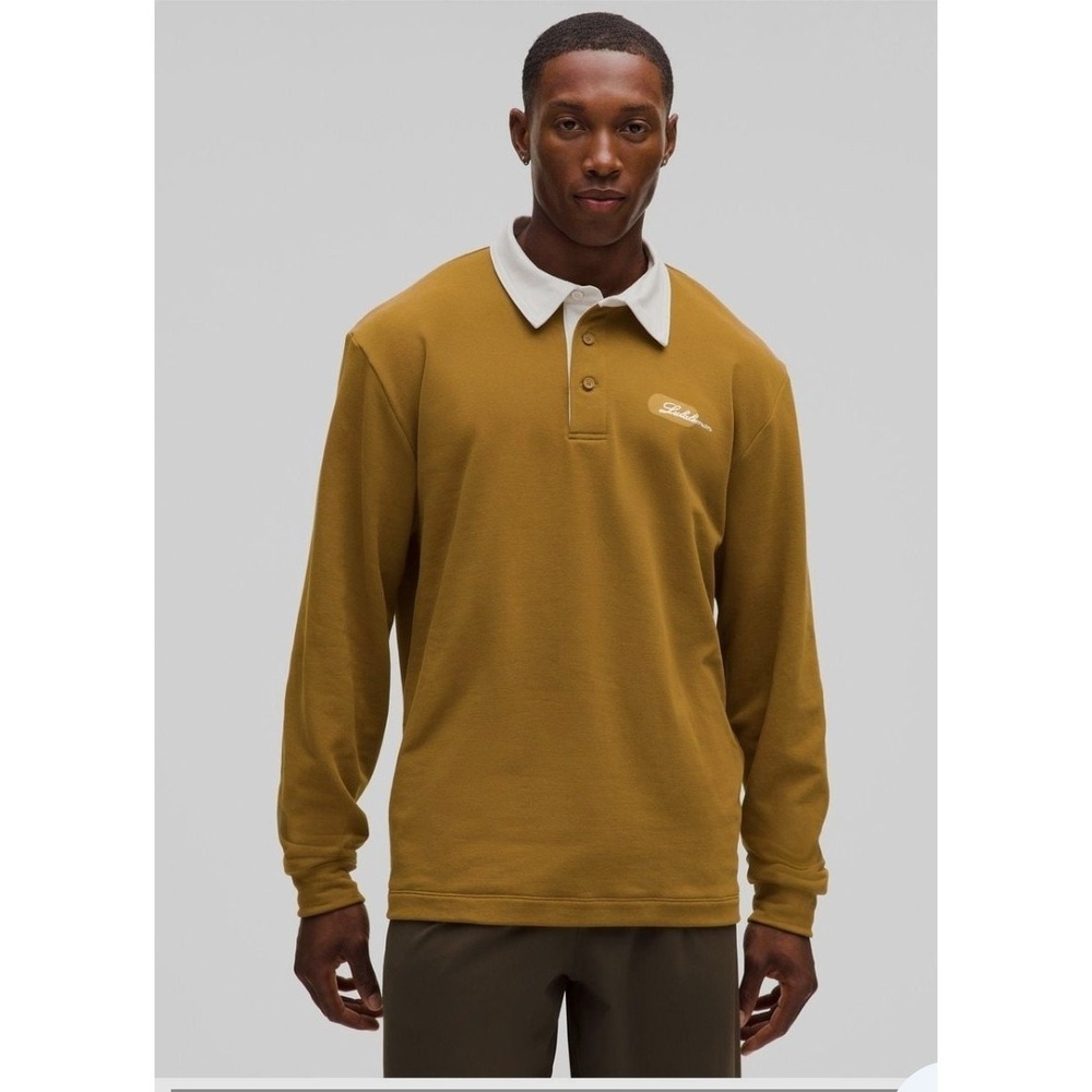 Lululemon Men's Gold Small Long-Sleeve Rugby Polo Shirt Embroidered Logo